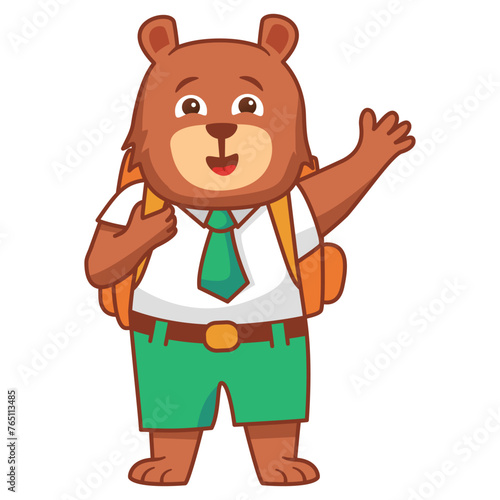 Cartoon bear schoolboy.A joyful cute tiger jumping cub in a school uniform with bag .Kid kawaii animal go to school.Animalistic childish character.Cute animal student.Line art vector.