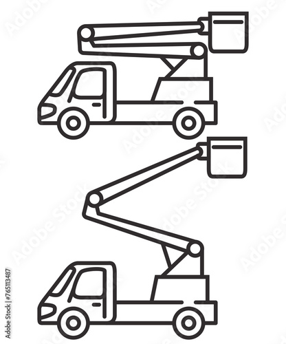 Bucket truck line icon.Bucket boom truck side view.Aerial platform.Crane truck with basket.Bucket boom truck.Picker high lift platform.Vector outline illustration.Isolated on white background.
