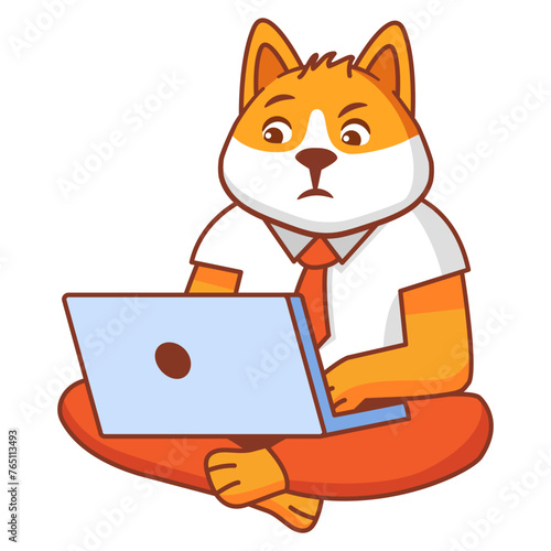 Student dogworking on the laptop computer.Study online animal dog.Online children education.School boy dog working at the laptop.Active young kid animal.Student hands using laptop. Vector flat.