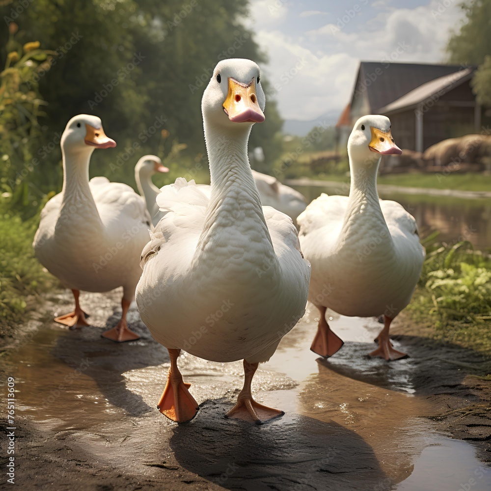 Close-up of white geese walking on rural farm with blurred barn and trees in background Close-up of white geese walking on rural farm with blurred barn and trees in background