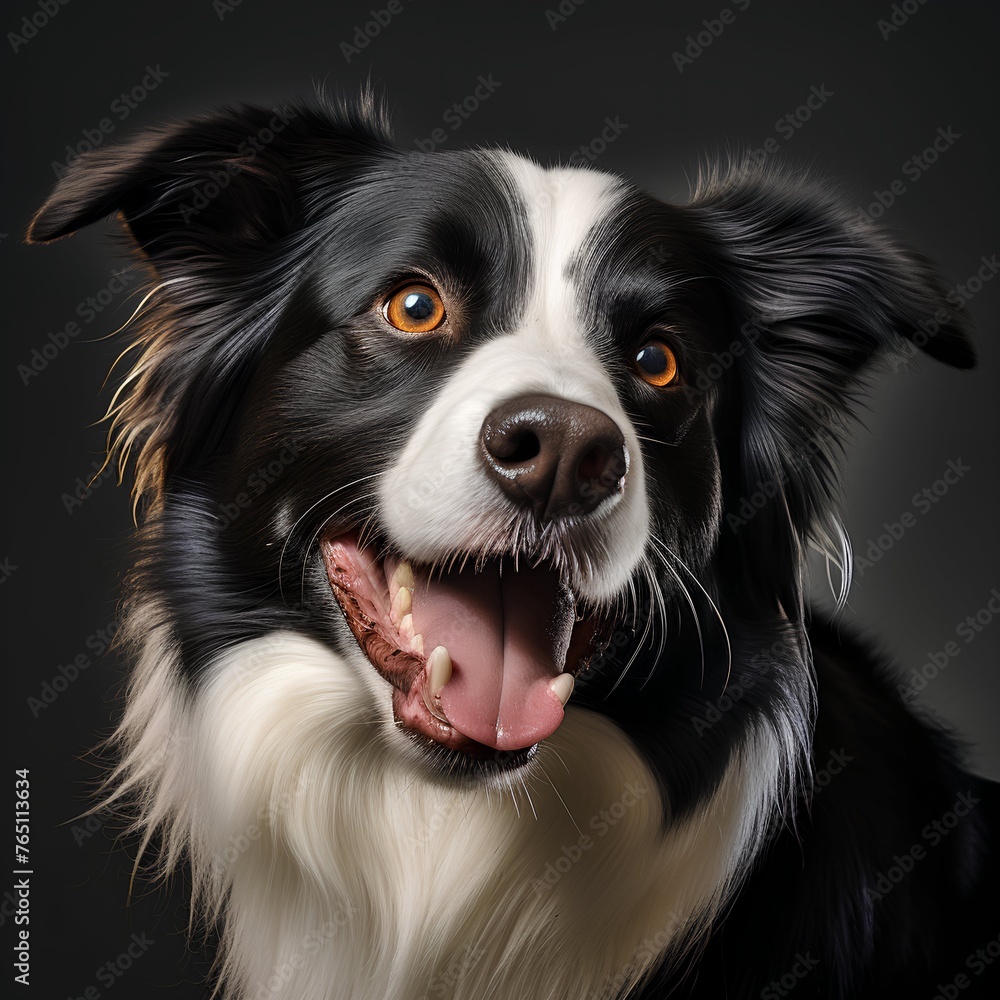 Border Collie dog isolated on black background, looking at camera with happy expression