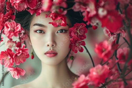 Vibrant Asian woman flowers. Spa health face. Generate Ai