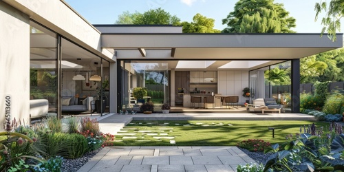 An open plan sunny garden room with large windows and a roof lantern, set in the back of an ultra modern rectangular grey frameless house Generative AI