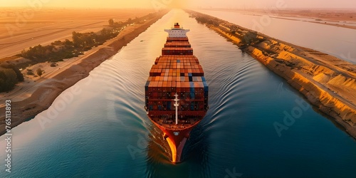 A container ship stuck in a sandy canal causing a global marine traffic problem. Concept Maritime Crisis, Suez Canal Blockage, Global Supply Chain, Shipping Industry Challenges photo