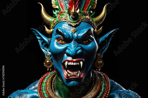 A blue monster with horns and red eyes