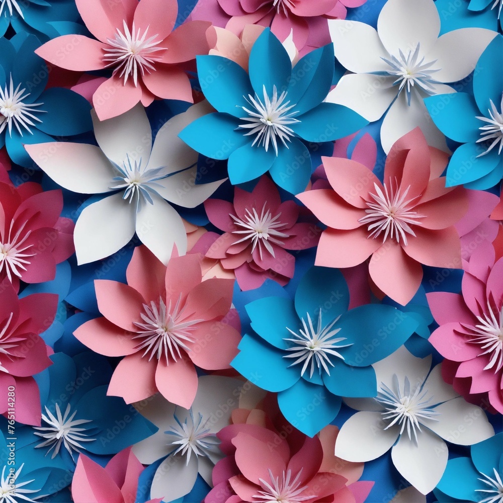 Imagine an illustration of pretty blue, pink, and white paper Kirigami flowers. no border. Seamless pattern. Photo realistic 16K Imagine an illustration of pretty blue, pink, and white paper Kirigami flowers. no border. Seamless pattern. Photo realistic 16K