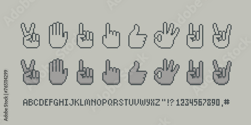 Pixel hand rebel gesture vector icons in 8-bit retro game style. Rock sign gesture. Middle Finger and Forefinger up. Like and Dislike pixel hand symbol. Okay hand pixel gesture. Vector Pixels graphics