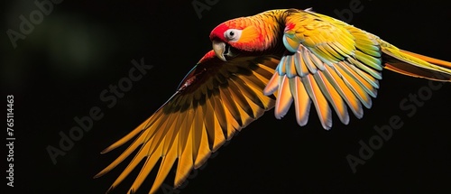  A vibrantly colored bird gracefully glides through the sky, wings fully extended, and gazes off to one side