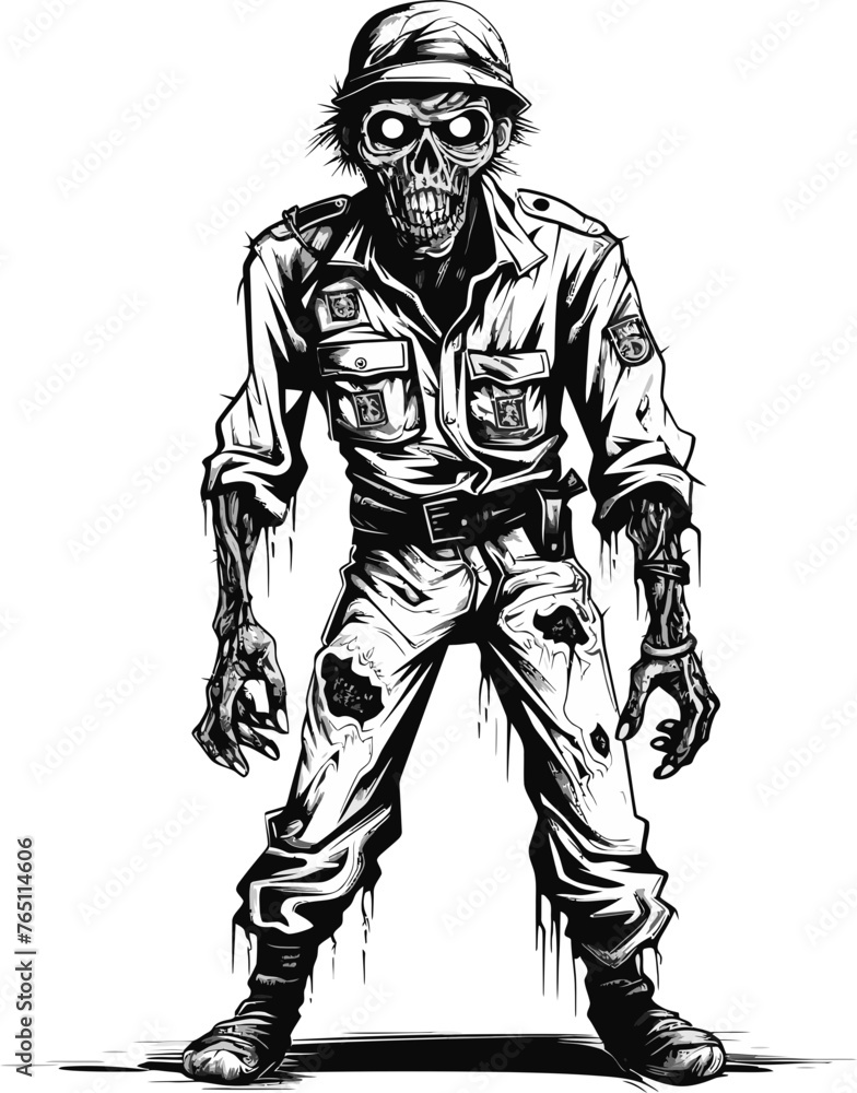 Terrifying Vector Drawing of a Zombie with Shredded Cargo Pants Emerging from the Water