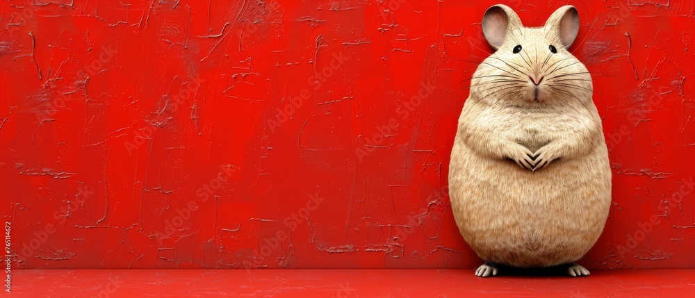  A rat positioned on its hind legs, facing a red background, with its front paws resting on its chest - obrazy, fototapety, plakaty 