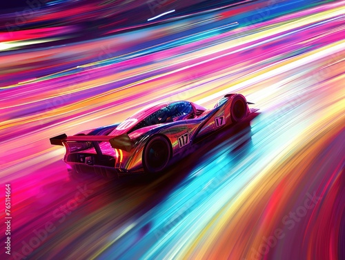Racing car in motion on vibrant neon track - A dynamic and vibrant image showing a racing car speedily navigating a neon-lit race track, conveying a sense of motion and speed