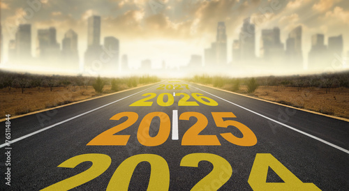 The concept of New Year's goals for 2025. The years 2024 and 2028 are written on the asphalt road. City skyline with skyscrapers in the background.