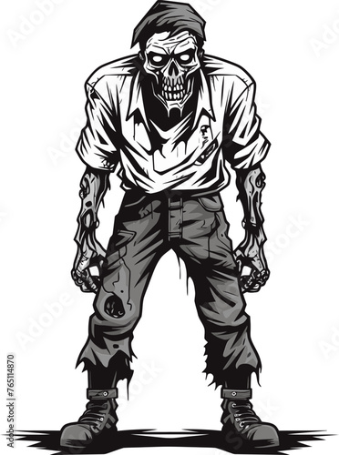 Trepid Vector Image of a Zombie in Cargo Pants Emerging from a Crumbling Building
