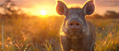  Close-up of pig in grass field, sun in background, tree in foreground © Wall