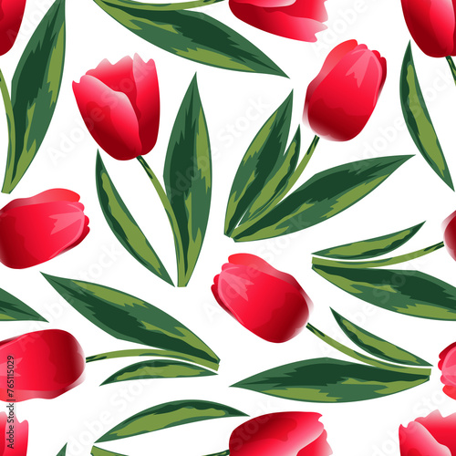 Scarlet tulips with green leaves on a white background form a spring seamless pattern for textiles, wrapping paper. 