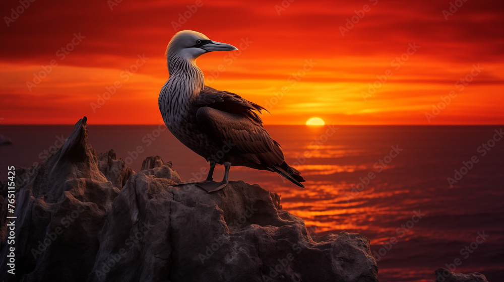 heron on sunset, Silhouetted against the fiery sunset, a solitary Northern gannet perches on a rocky ledge. Its beak points seaward, as if whispering secrets to the horizon. - obrazy, fototapety, plakaty 