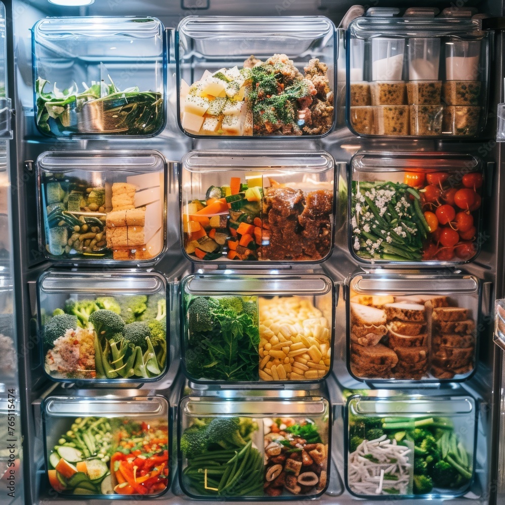 A home refrigerator showcases an assortment of meal-prepped dishes and ingredients, ready for a healthy week.