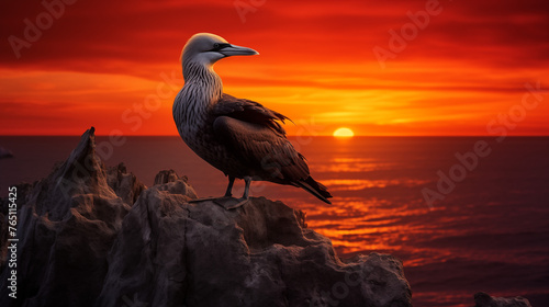 heron on sunset, Silhouetted against the fiery sunset, a solitary Northern gannet perches on a rocky ledge. Its beak points seaward, as if whispering secrets to the horizon. © Hasnain Arts