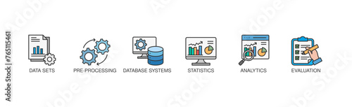 Data mining banner web icon vector illustration concept with icon of data sets, pre-processing, database systems, statistics, analytics and evaluation