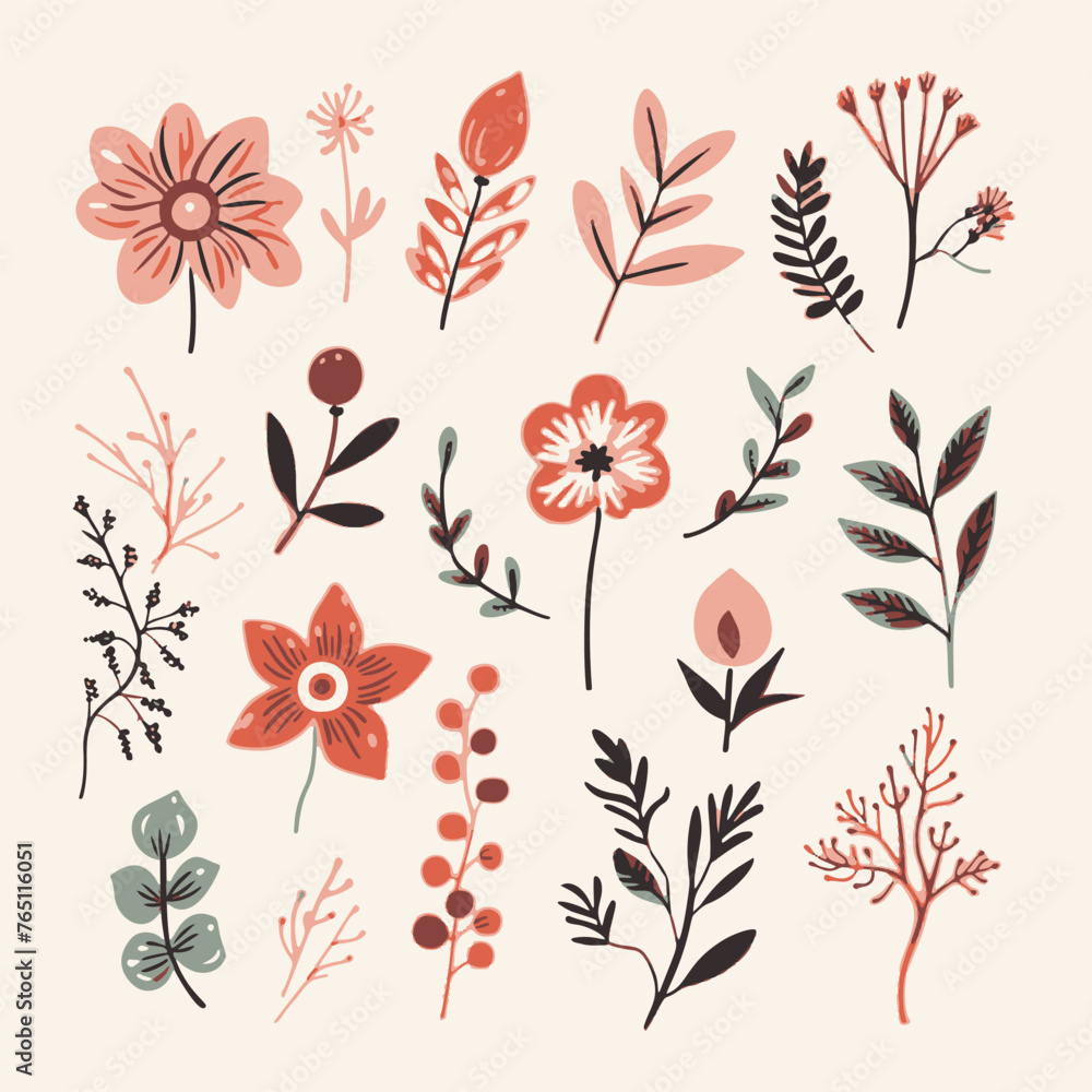 Colorful hand-drawn flower and leaf collection Colorful hand-drawn flower and leaf collection