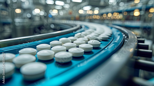 Production white pills on the factory, farmaceutical industry photo