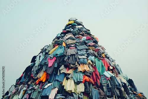 Excessive clothing waste in landfill due to overproduction and consumption causing environmental harm and pollution. Concept Fast Fashion, Textile Waste, Environmental Impact, Sustainable Fashion