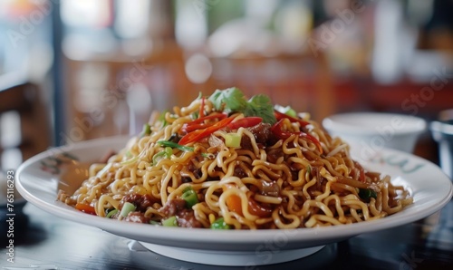 a plate of Chinese noodles in a restaurant