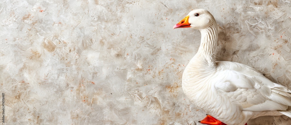 Obraz premium A snow-white goose, perched adjacent to a brick wall, exhibits a distinctive brown patch on its head and an emblematic crimson bill