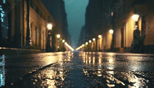 cinematic city street at night after rain 