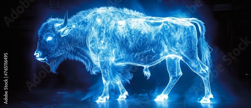  A blue bull illuminated by a spotlight in a dim room photo