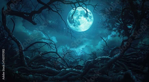 Sinister roots under a spellbinding moonlit sky - A foreboding image with sinister twisted roots sprawling below a spellbinding moon, suggesting an unknown lurking danger in the dead of night