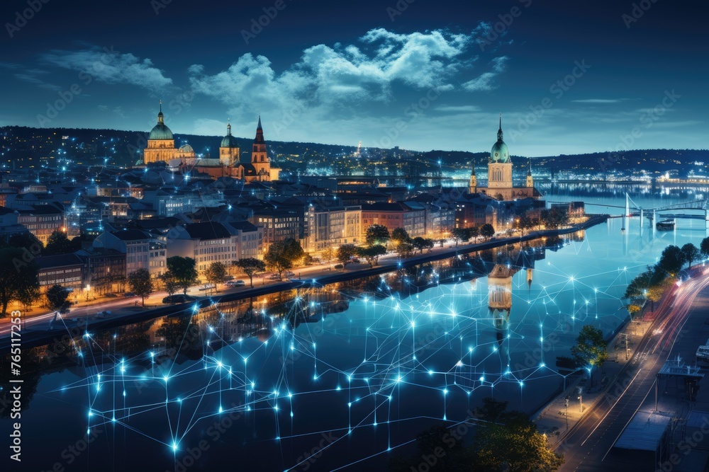 Obraz premium Modern city by the river, with pollution sensors at night., generative IA