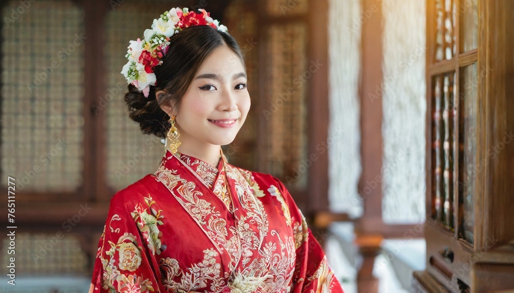 Close up portrait of beautiful young Asian bride in red traditional clothes, Ancient dressed up young woman in red floral kimono on traditional room background