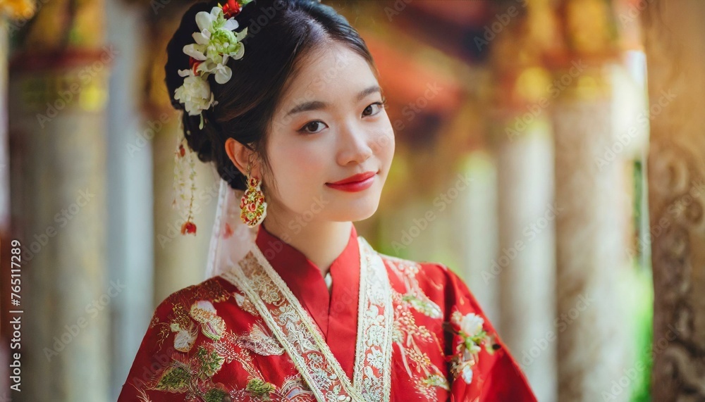Close up portrait of beautiful young Asian bride in red traditional clothes, Ancient dressed up young woman in red floral kimono on traditional room background