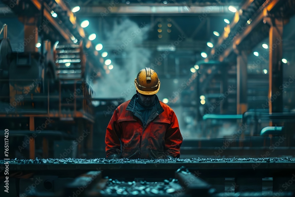 A worker in a steel mill highlighting safety concerns roles responsibilities production process and union representation. Concept Steel Manufacturing, Worker Safety, Production Processes - obrazy, fototapety, plakaty 