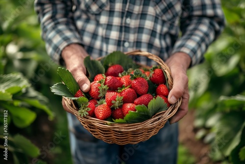 close-up of a farmer carrying strawberries in a basket