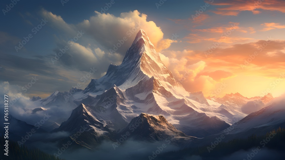 An awe-inspiring mountain peak piercing the sky, its snow-capped summit glowing in the light of the rising sun, a beacon of hope and inspiration for all who gaze upon it.
