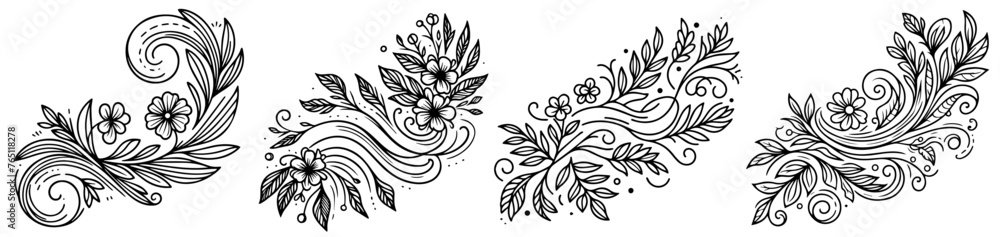 floral wreaths compositions made of leaves and flowers, floristic decorations, black vector laser cutting engraving - obrazy, fototapety, plakaty 