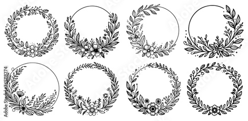leafy floral circular wreaths decorative illustration, black vector laser cutting engraving