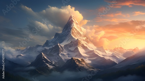 An awe-inspiring mountain peak piercing the sky, its snow-capped summit glowing in the light of the rising sun, a beacon of hope and inspiration for all who gaze upon it. #765118277