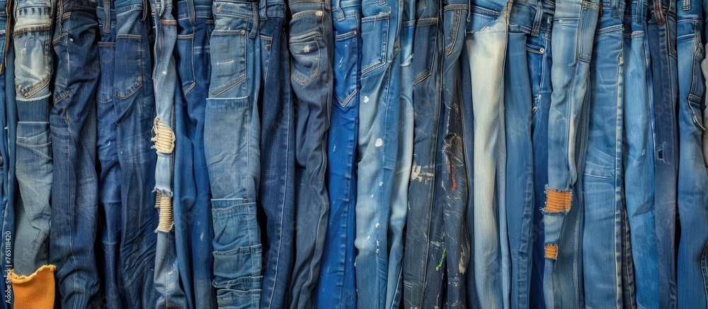 A variety of denim jeans hanging neatly on a rack against a wall in a clothing store