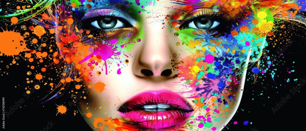  A portrait of a female with vibrant splatter markings on her visage against a dark backdrop