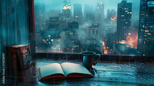 cozy street view, book and coffee near the window, street, city, night, car, traffic, road, urban, lights, town, architecture, cars, rain, building, travel, people, winter, driving, view, book, coffee