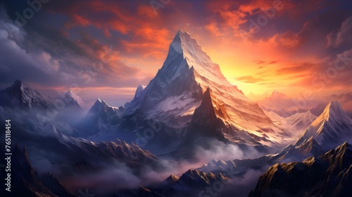 An awe-inspiring mountain peak piercing the sky, its snow-capped summit glowing in the light of the rising sun, a beacon of hope and inspiration for all who gaze upon it.