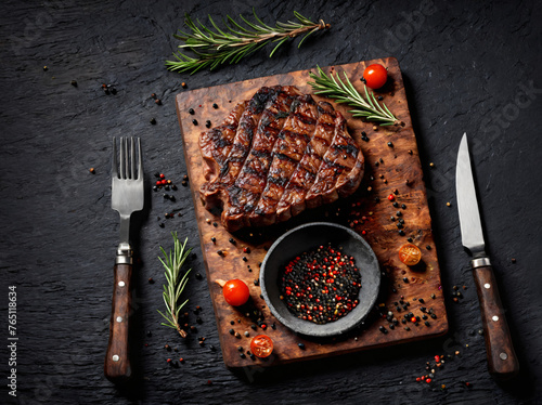 Top view tasty ribeye beef steak on dark background, Generative AI