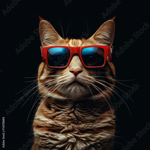 Portrait of a tabby cat exuding confidence in red sunglasses, perfect for quirky and fun themes.