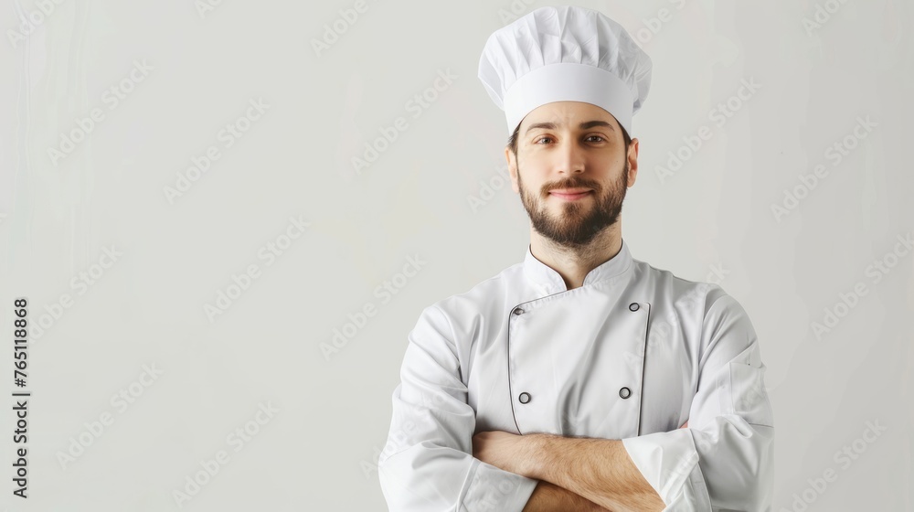 Chef Pastry in a chef's uniform, with a toque, isolated on white background