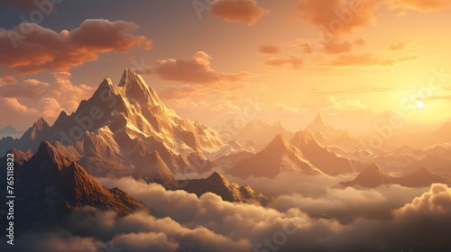An imposing mountain peak rising majestically above the clouds, its sheer cliffs and rugged terrain illuminated by the golden light of sunset, a scene of unparalleled natural beauty. © Graphica Galore