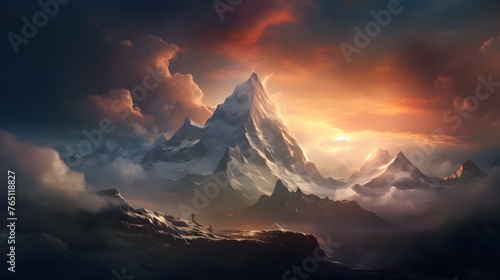 An imposing mountain range looming on the horizon, its peaks obscured by swirling clouds, creating an atmosphere of mystery and intrigue, inviting exploration and discovery.