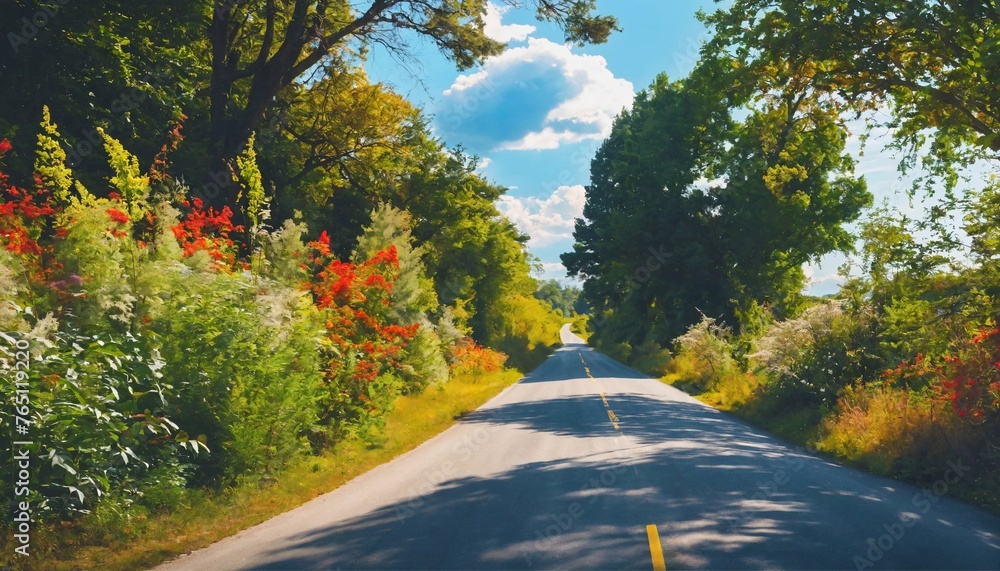Fototapeta premium A Quiet and beautiful countryside roads with bright skies and diverse roadside plants generative ai art